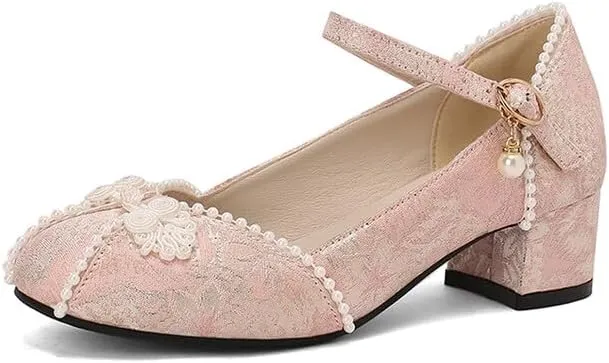 Women's Lace Buckle Strap Round Toe Block Heel Mary Janes Pumps