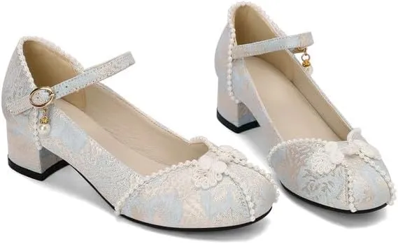 Women's Lace Buckle Strap Round Toe Block Heel Mary Janes Pumps