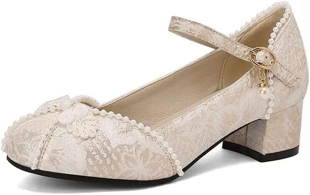Women's Lace Buckle Strap Round Toe Block Heel Mary Janes Pumps