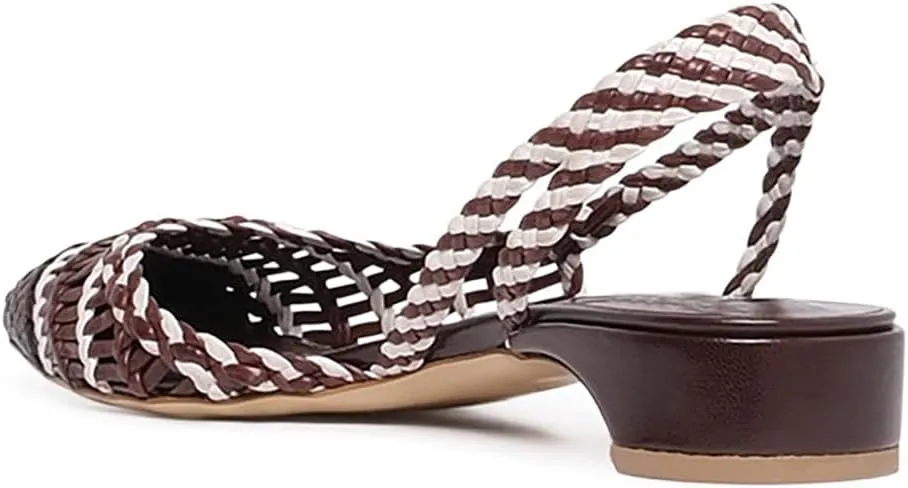 Women's Leather Woven Slingback Heels Block Chunky Kitten Heel Closed Pointed Toe Slip On Comfortable Casual Office Dress Pump Shoes 1.5 inches