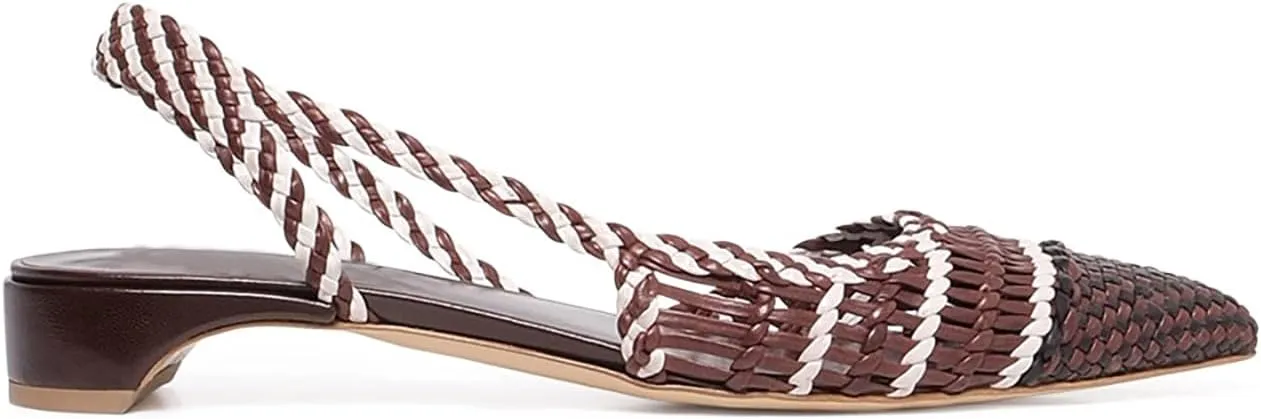 Women's Leather Woven Slingback Heels Block Chunky Kitten Heel Closed Pointed Toe Slip On Comfortable Casual Office Dress Pump Shoes 1.5 inches