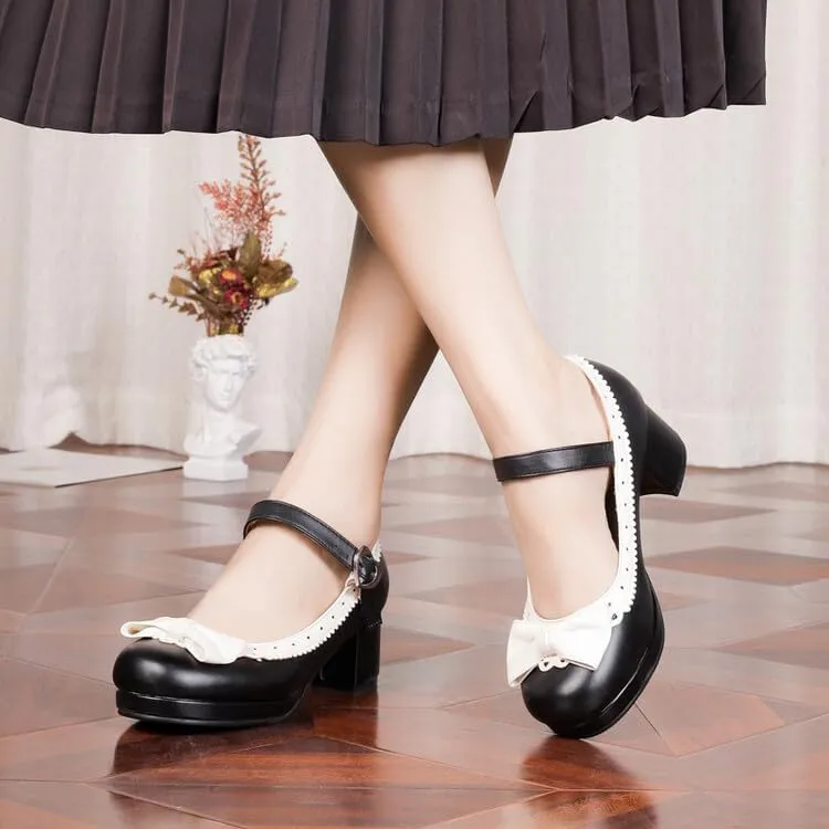 Women's Lolita Ruffles Bows Square Heel Platform Mary Janes Pumps