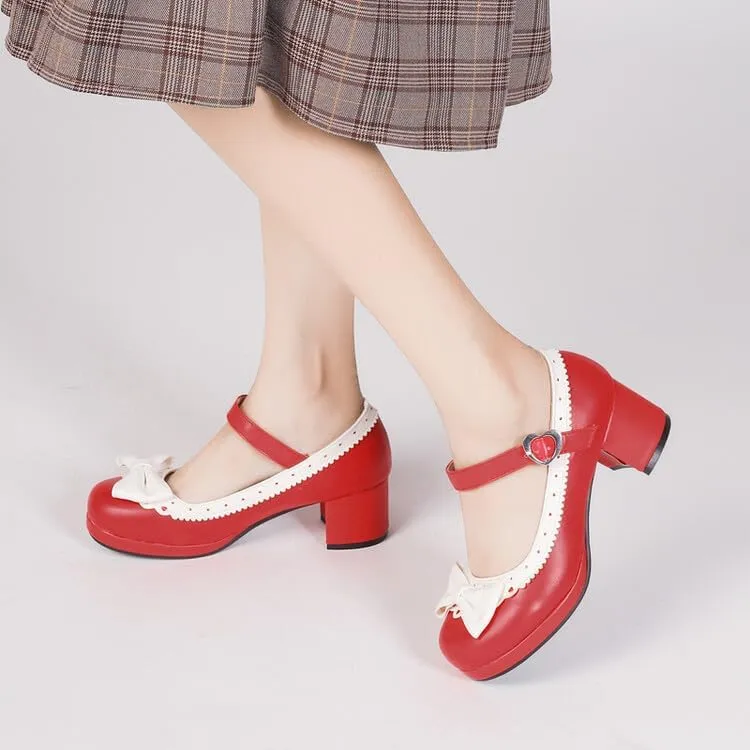 Women's Lolita Ruffles Bows Square Heel Platform Mary Janes Pumps