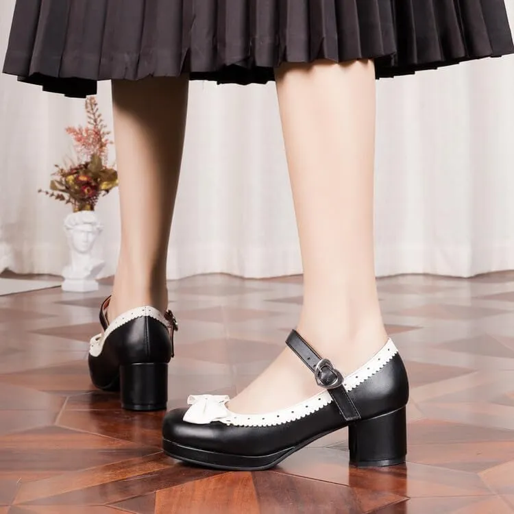 Women's Lolita Ruffles Bows Square Heel Platform Mary Janes Pumps