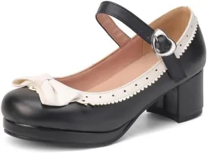 Women's Lolita Ruffles Bows Square Heel Platform Mary Janes Pumps