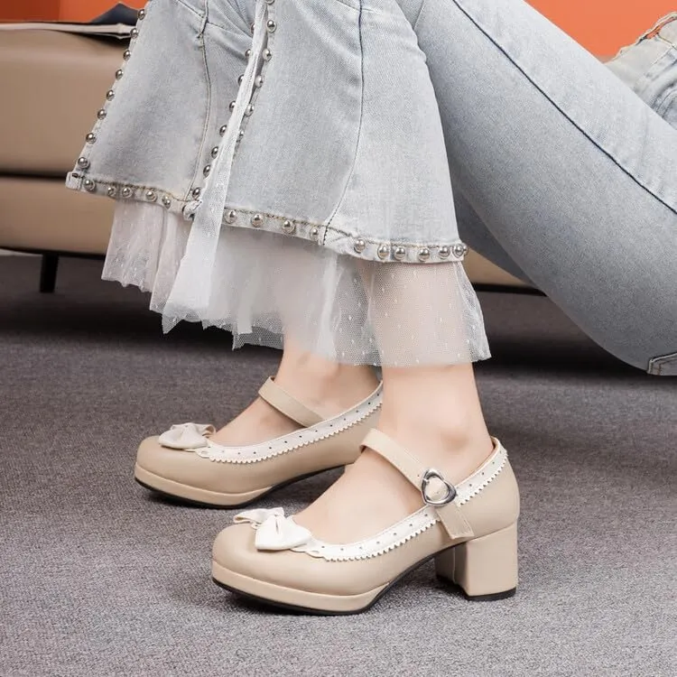 Women's Lolita Ruffles Bows Square Heel Platform Mary Janes Pumps