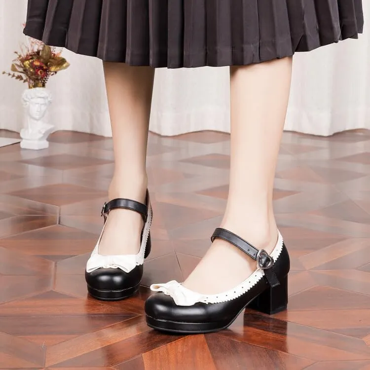 Women's Lolita Ruffles Bows Square Heel Platform Mary Janes Pumps