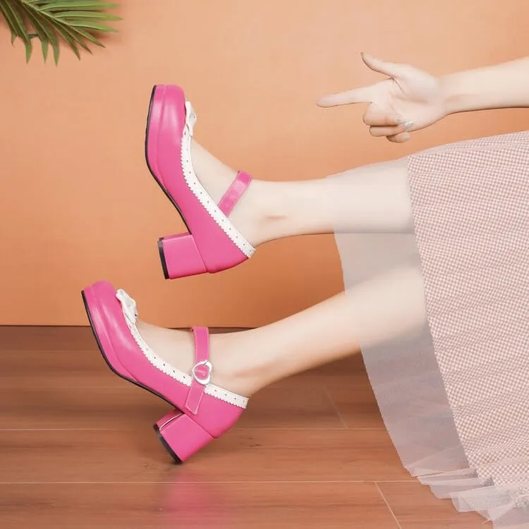 Women's Lolita Ruffles Bows Square Heel Platform Mary Janes Pumps
