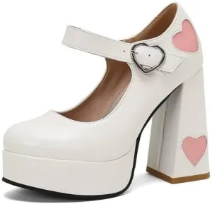 Women's Love Heart Printed High Heel Mary Janes Platform Pumps