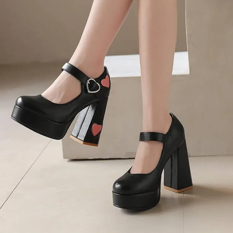 Women's Love Heart Printed High Heel Mary Janes Platform Pumps