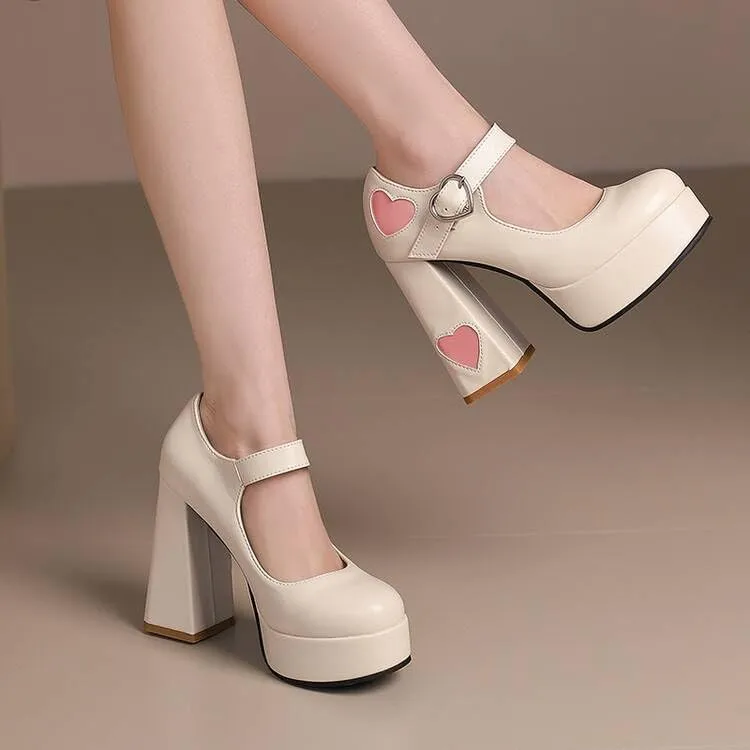 Women's Love Heart Printed High Heel Mary Janes Platform Pumps
