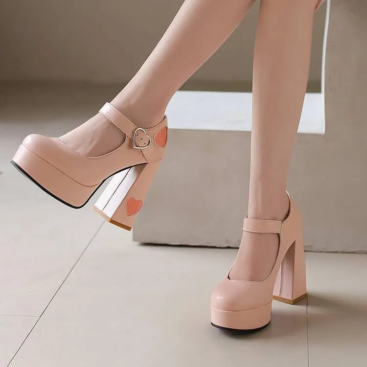 Women's Love Heart Printed High Heel Mary Janes Platform Pumps