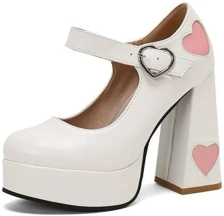 Women's Love Heart Printed High Heel Mary Janes Platform Pumps