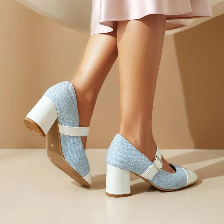Women's Metal Color Matching Square Toe Chunky Heel Pumps Mary Jane Shoes