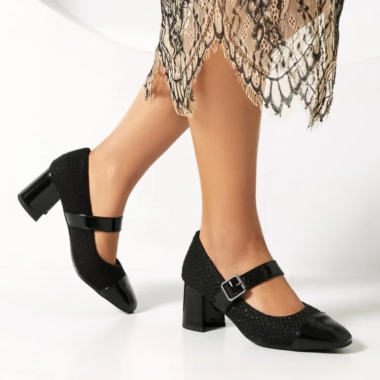 Women's Metal Color Matching Square Toe Chunky Heel Pumps Mary Jane Shoes