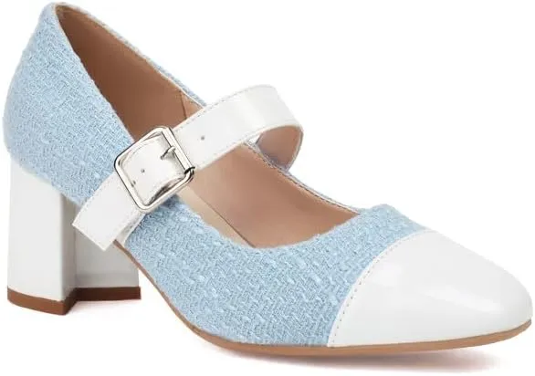 Women's Metal Color Matching Square Toe Chunky Heel Pumps Mary Jane Shoes