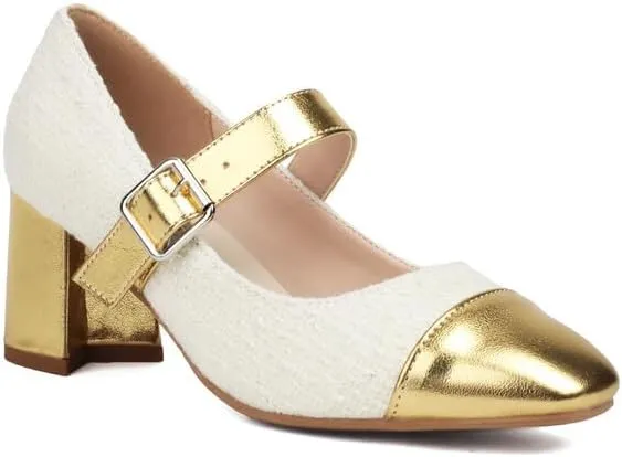 Women's Metal Color Matching Square Toe Chunky Heel Pumps Mary Jane Shoes
