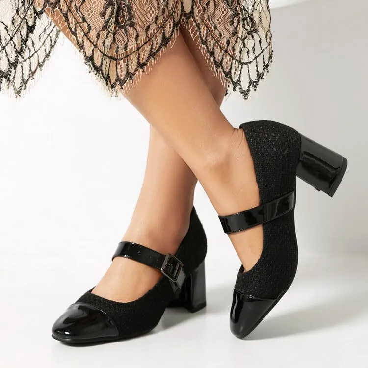 Women's Metal Color Matching Square Toe Chunky Heel Pumps Mary Jane Shoes