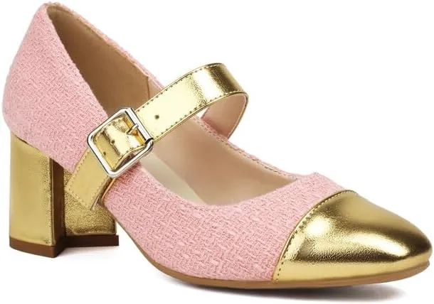 Women's Metal Color Matching Square Toe Chunky Heel Pumps Mary Jane Shoes