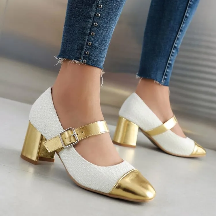 Women's Metal Color Matching Square Toe Chunky Heel Pumps Mary Jane Shoes