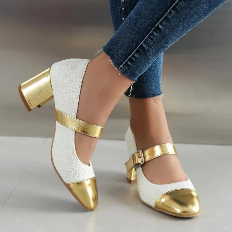 Women's Metal Color Matching Square Toe Chunky Heel Pumps Mary Jane Shoes