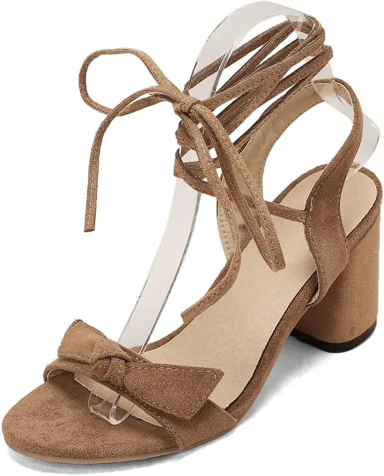 Women's Open Toe Tassels Fringed Block Heel Sandals Lace Up Dress Pumps Chunky Mid Heeled Sandal