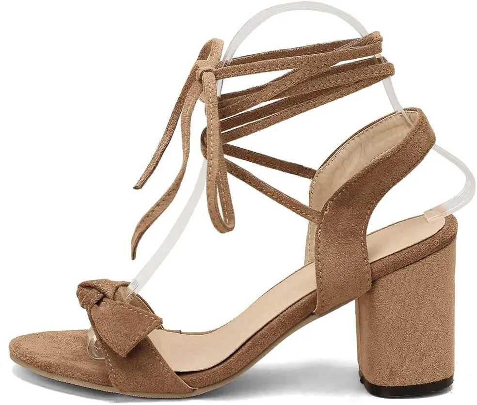 Women's Open Toe Tassels Fringed Block Heel Sandals Lace Up Dress Pumps Chunky Mid Heeled Sandal