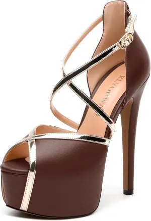 Womens Platform Sandals Stiletto Heels Round Toe High Heels Fashion Cross Body Strap Open Toe Buckle Heeled Sandal Shoes