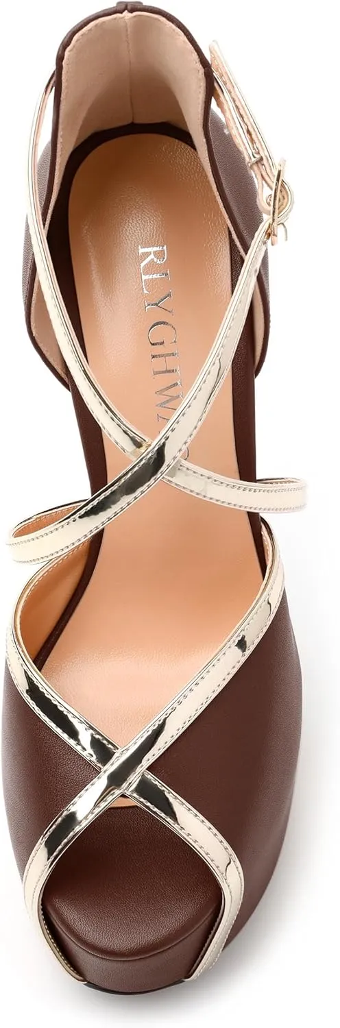 Womens Platform Sandals Stiletto Heels Round Toe High Heels Fashion Cross Body Strap Open Toe Buckle Heeled Sandal Shoes