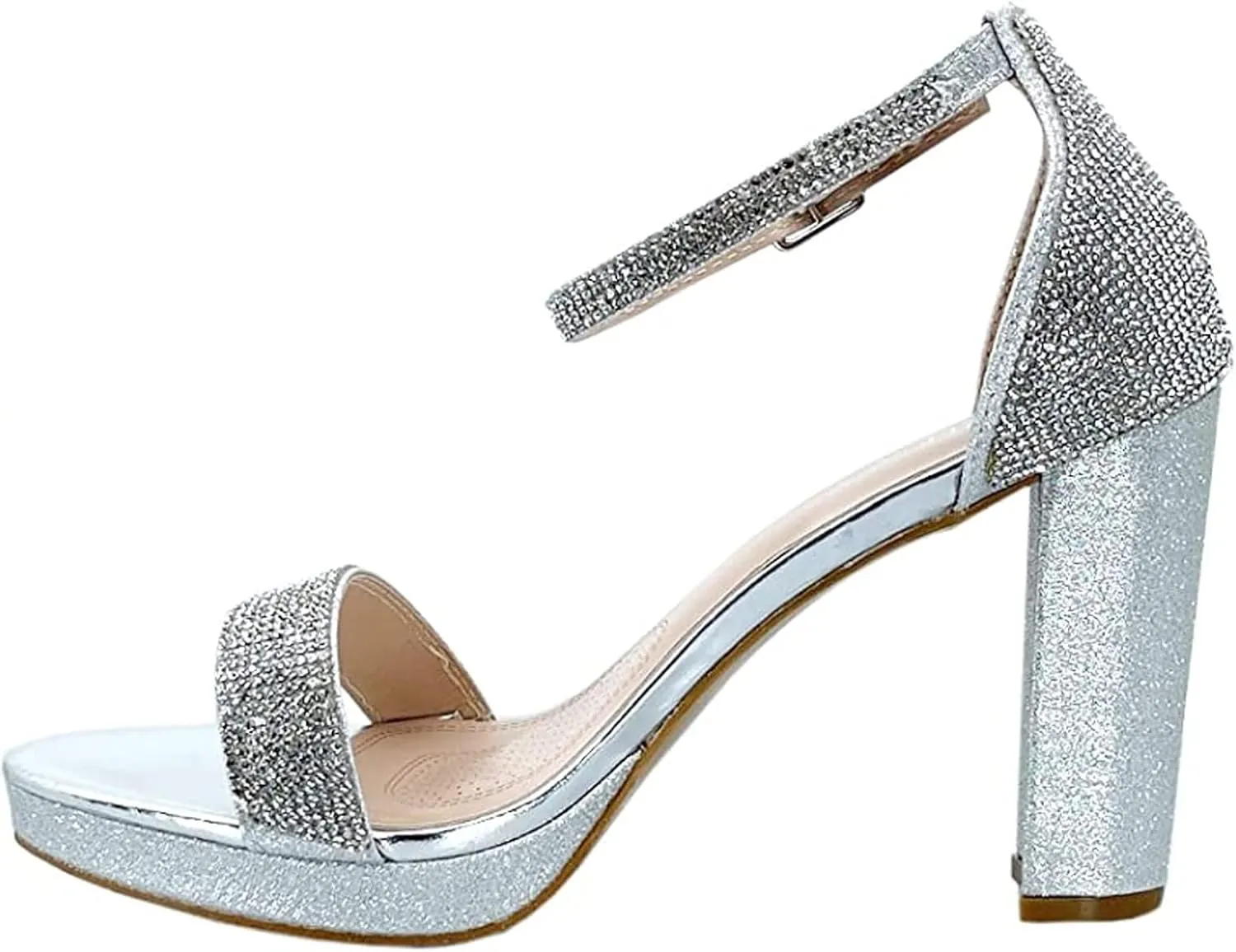 Women's Rhinestone Accent Open Toe Chunky High Heel Low Platform Formal Sandal