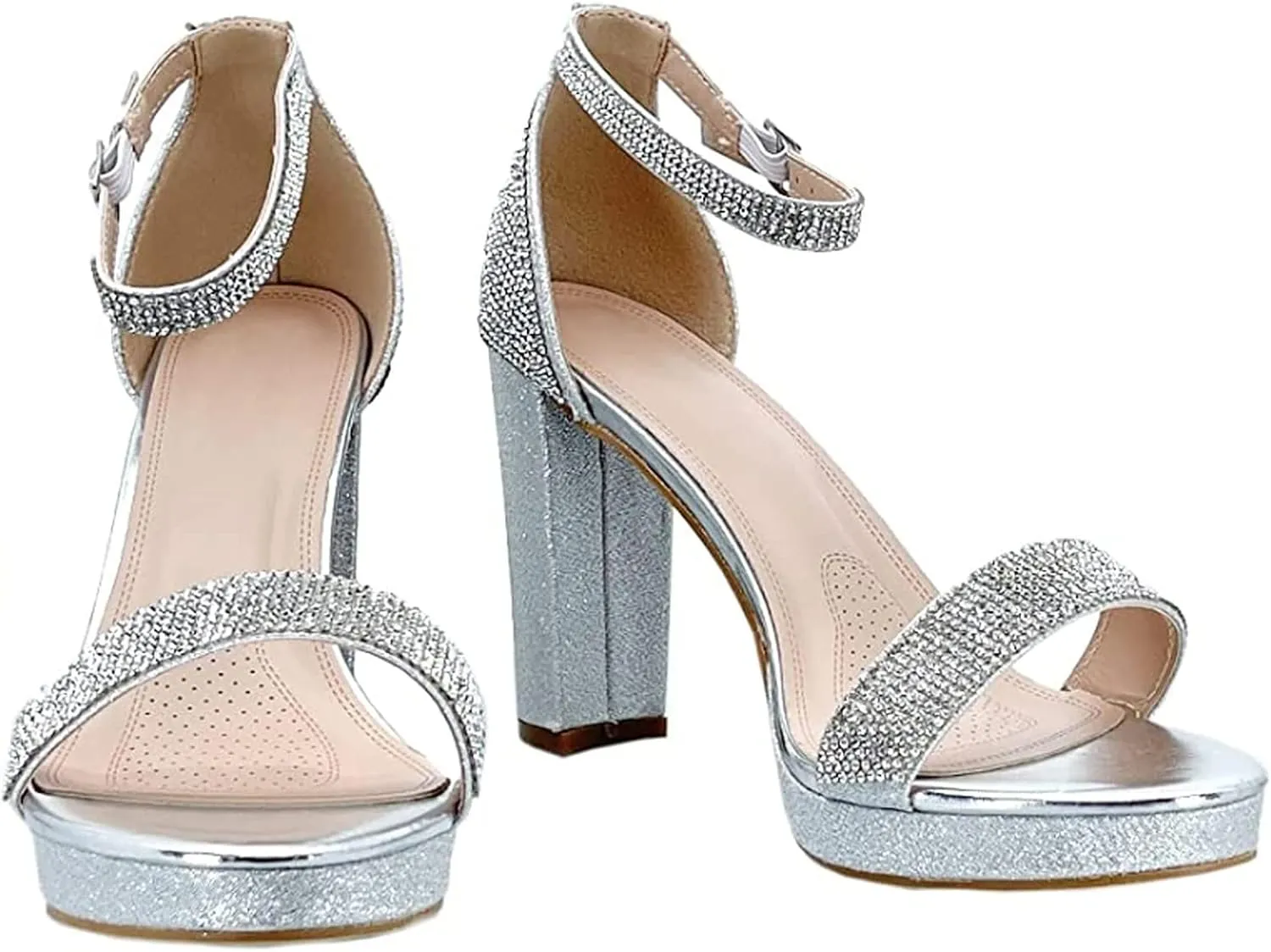 Women's Rhinestone Accent Open Toe Chunky High Heel Low Platform Formal Sandal