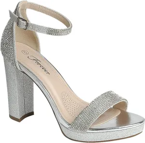 Women's Rhinestone Accent Open Toe Chunky High Heel Low Platform Formal Sandal