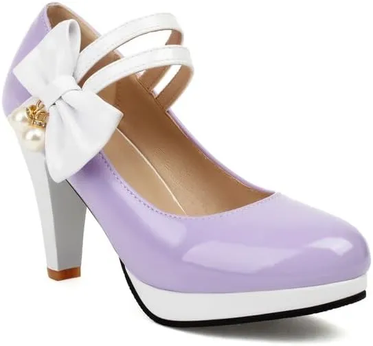 Women's Round Toe Mary Jane Bows Platform High Heel Pumps