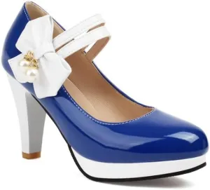 Women's Round Toe Mary Jane Bows Platform High Heel Pumps