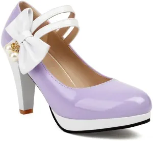 Women's Round Toe Mary Jane Bows Platform High Heel Pumps