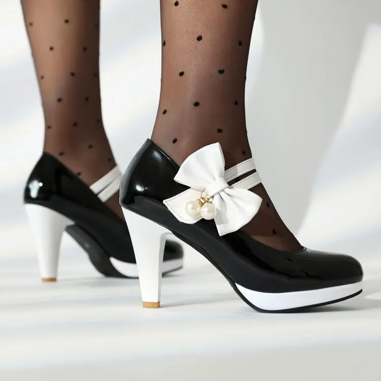 Women's Round Toe Mary Jane Bows Platform High Heel Pumps