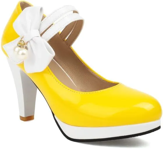 Women's Round Toe Mary Jane Bows Platform High Heel Pumps