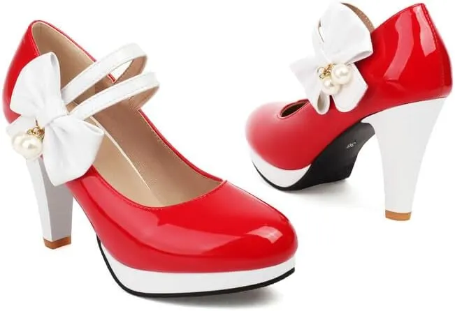 Women's Round Toe Mary Jane Bows Platform High Heel Pumps