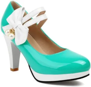 Women's Round Toe Mary Jane Bows Platform High Heel Pumps