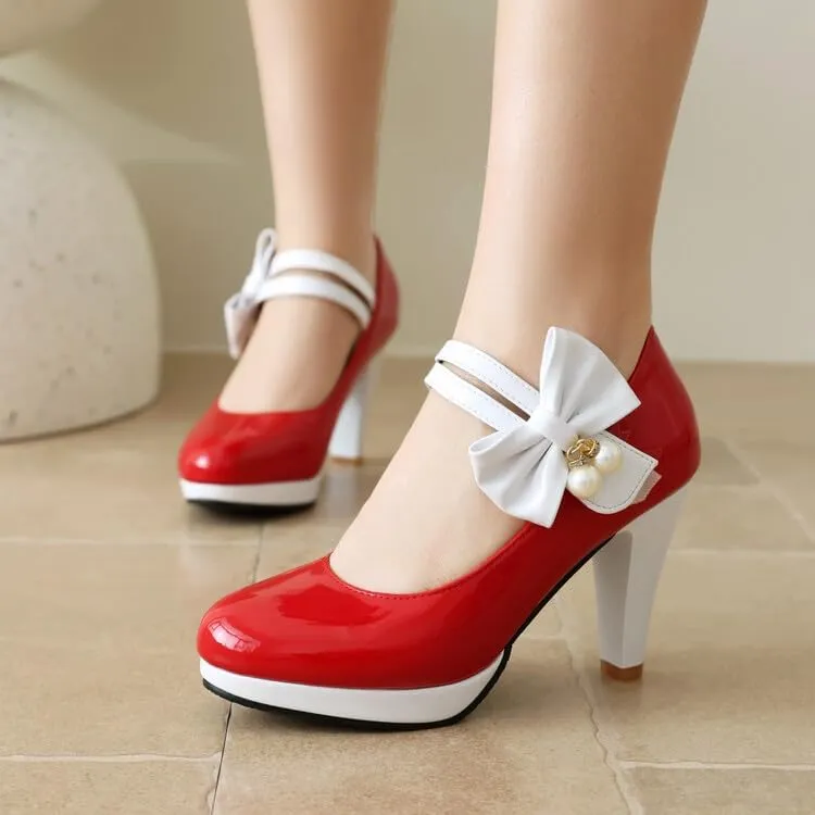 Women's Round Toe Mary Jane Bows Platform High Heel Pumps
