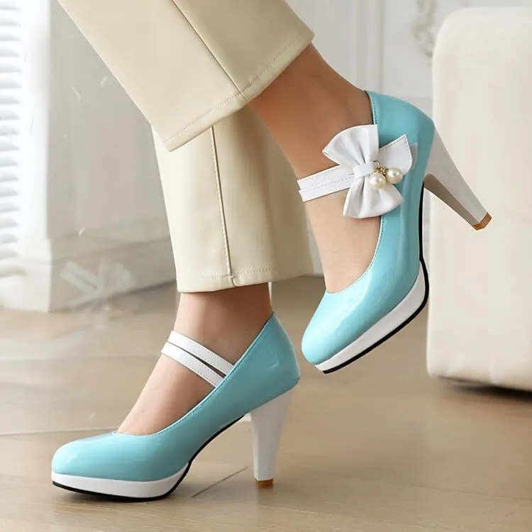 Women's Round Toe Mary Jane Bows Platform High Heel Pumps