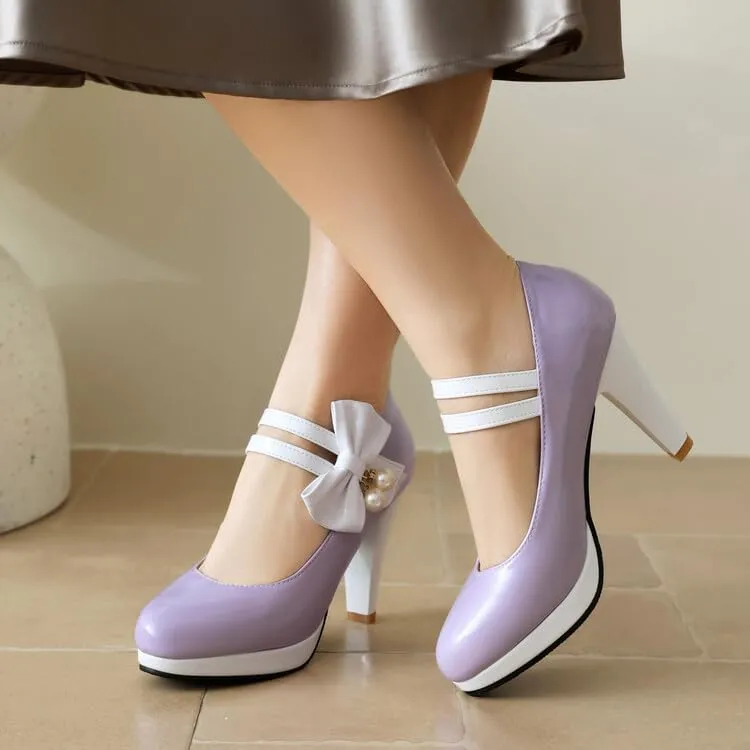 Women's Round Toe Mary Jane Bows Platform High Heel Pumps