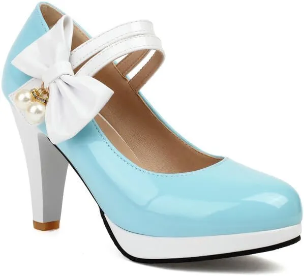 Women's Round Toe Mary Jane Bows Platform High Heel Pumps
