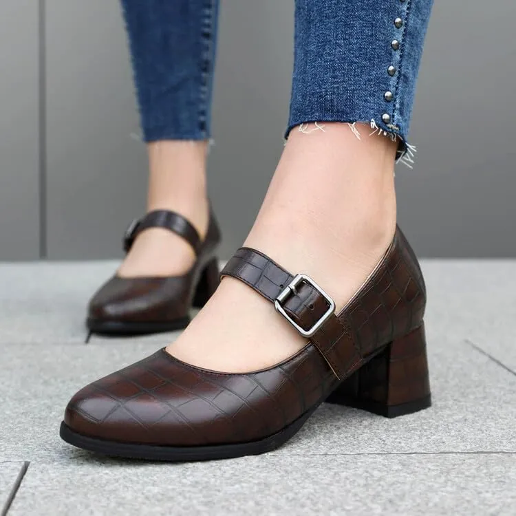 Women's Round Toe Mary Janes Square Heel Pumps