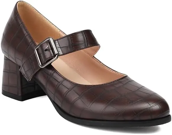 Women's Round Toe Mary Janes Square Heel Pumps