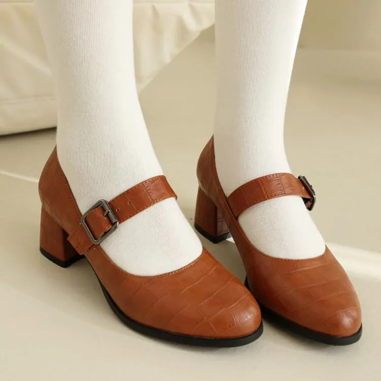 Women's Round Toe Mary Janes Square Heel Pumps