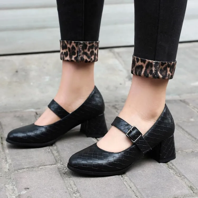 Women's Round Toe Mary Janes Square Heel Pumps