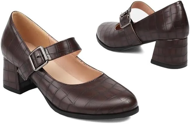Women's Round Toe Mary Janes Square Heel Pumps