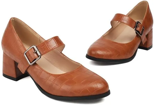 Women's Round Toe Mary Janes Square Heel Pumps