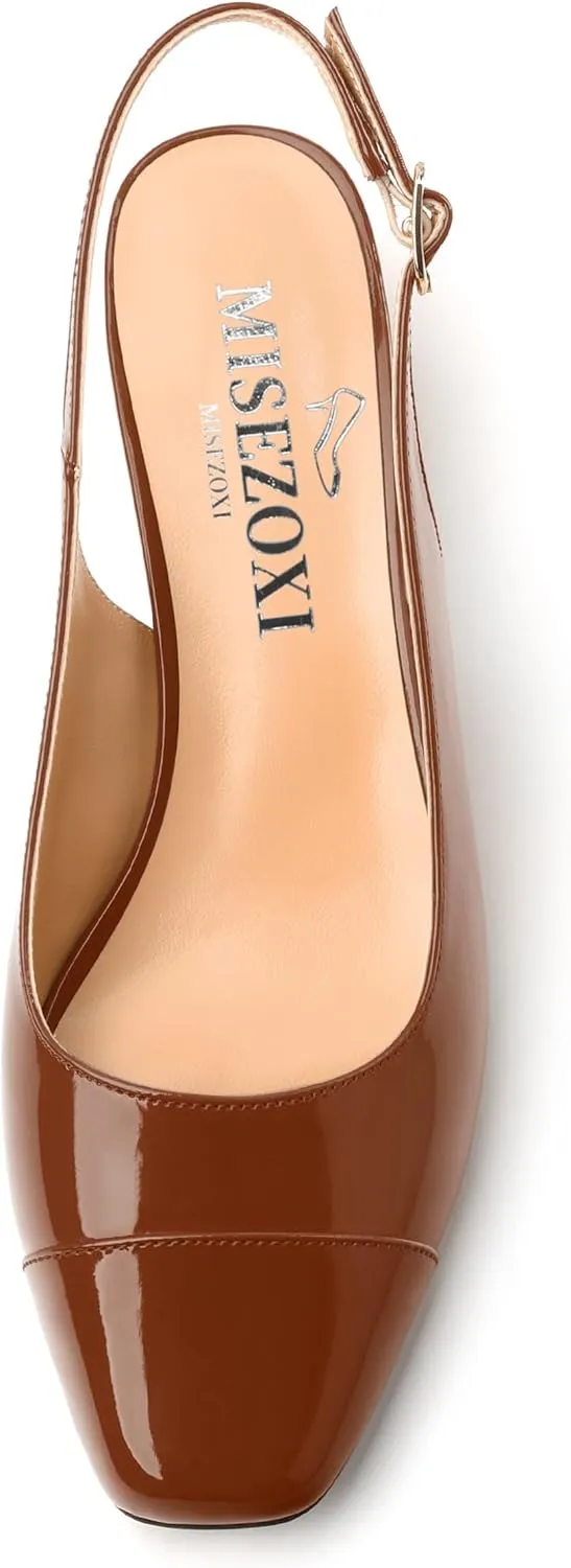 Women's Slingback Pumps, Low Chunky Heels Square Toe Pumps for Women, Block Heels Dress Shoes Closed Toe Comfortable Wedding Work Pump Sandals